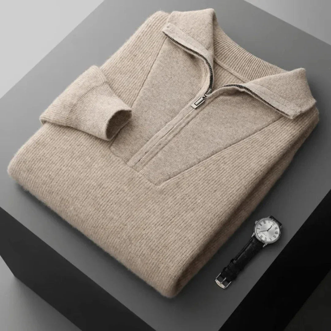 Wade men's cashmere half-zip sweater with ribbed V-panel detail and turned-down collar