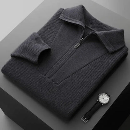 Cream cashmere half-zip sweater with rib-knit texture and distinctive V-panel front detail