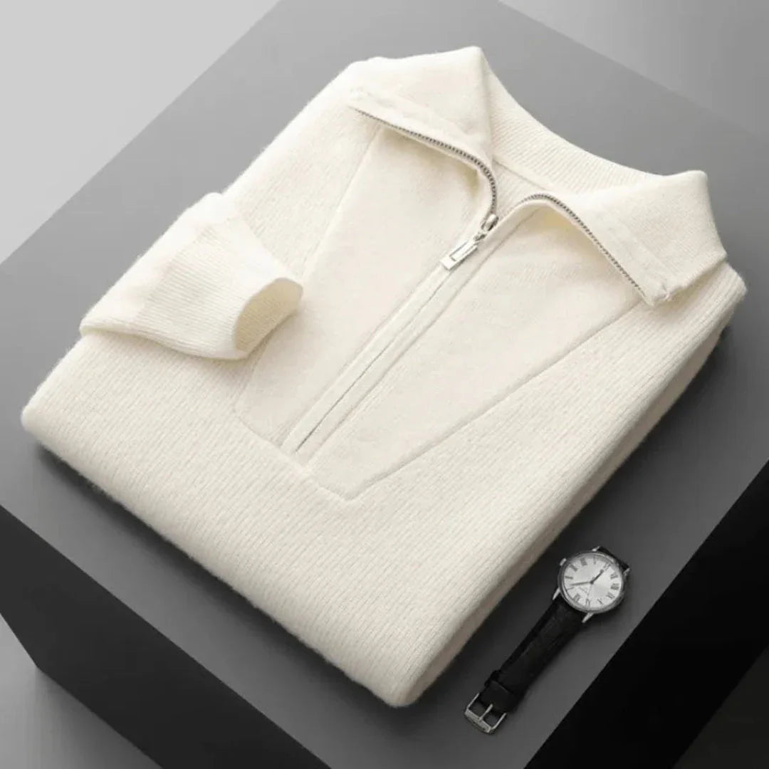 Men's beige cashmere half-zip sweater with ribbed texture and distinctive V-panel front detail