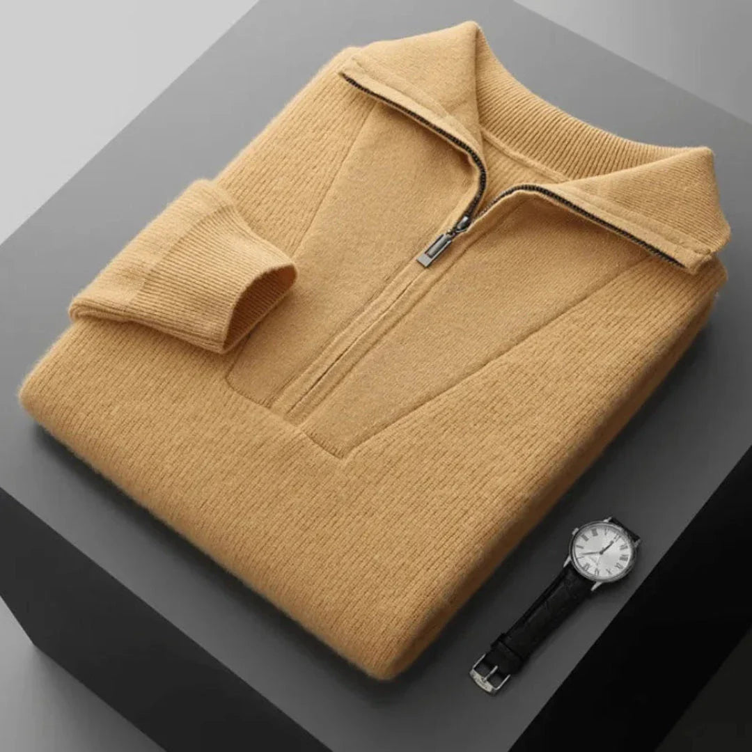 Ivory cashmere half-zip sweater with rib-knit texture and V-panel front detail for refined style