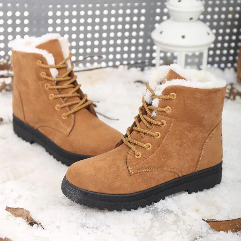 Women's mid-calf synthetic leather winter boots in neutral tone with snow-resistant rugged sole