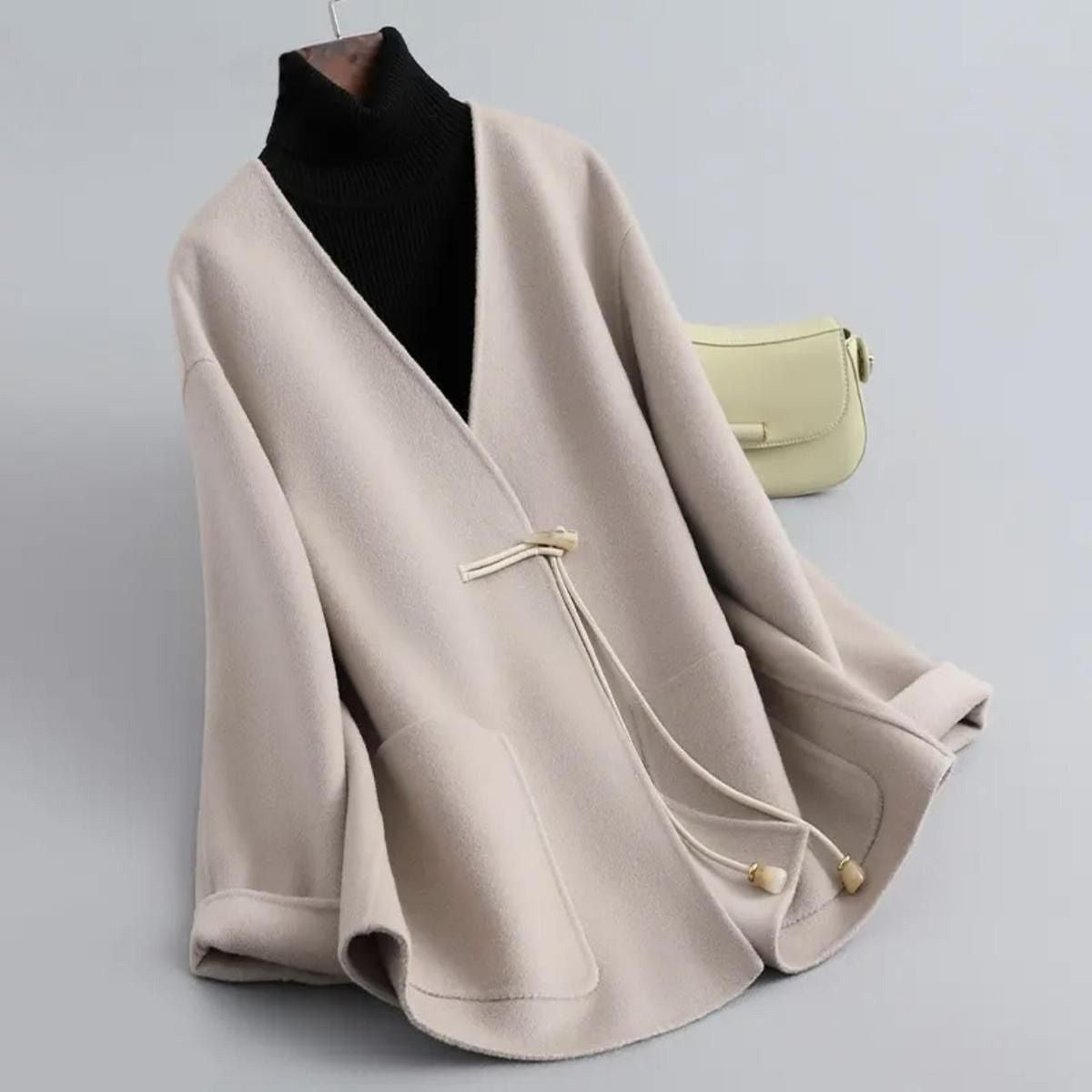Women's elegant woolen coat warm double-sided wool V-neck with distinctive horn button closure