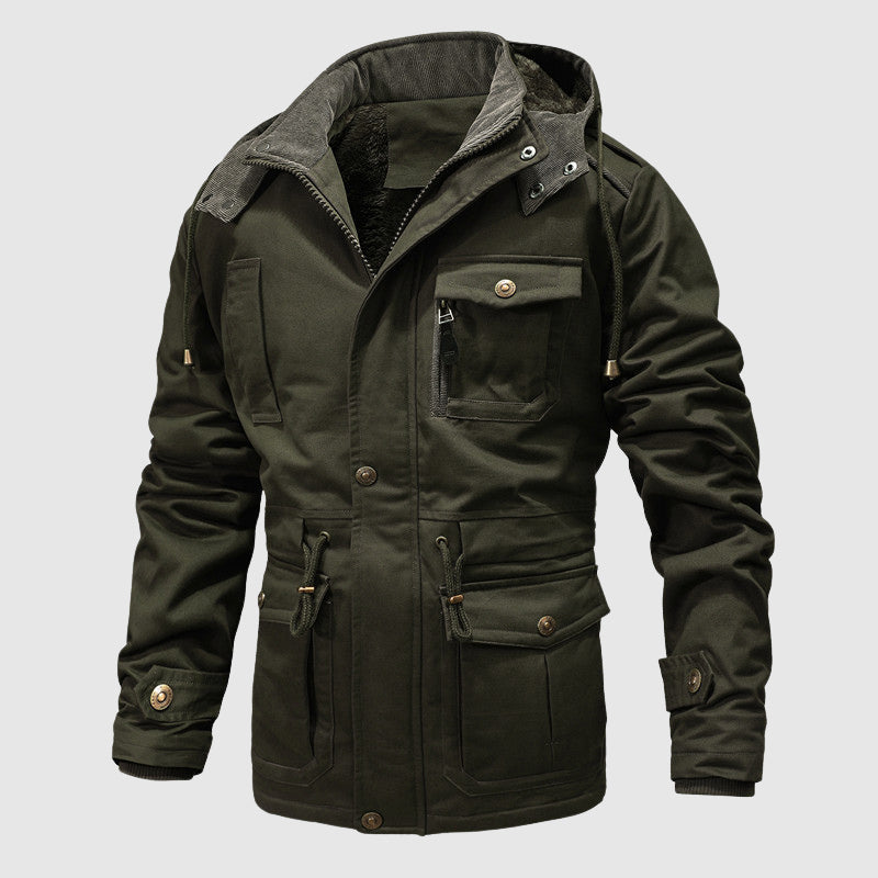 Men's brown tactical cotton outdoor jacket with sherpa lining, adjustable waist, and multiple flap pockets