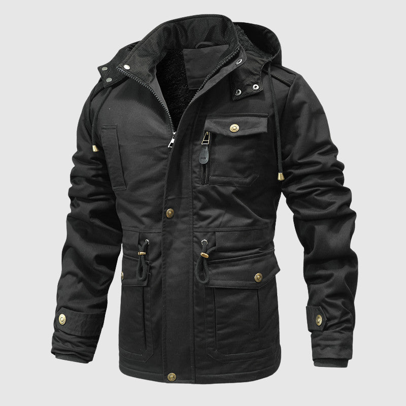 Men's brown tactical cotton outdoor jacket with sherpa lining, adjustable waist, and multi-pocket utility design