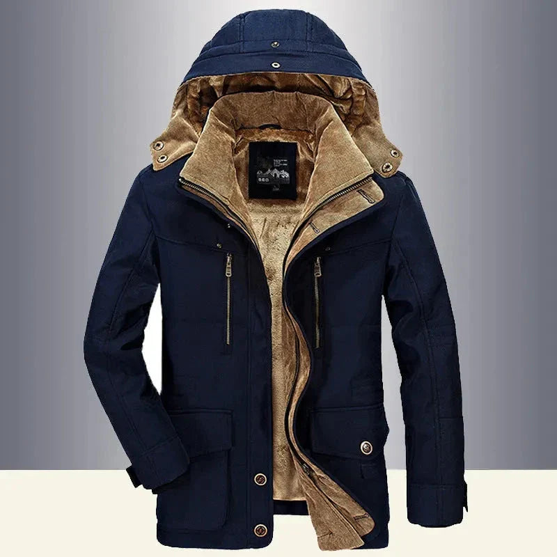 Warren men's black hooded padded coat with fleece lining, detachable hood, and utility pockets
