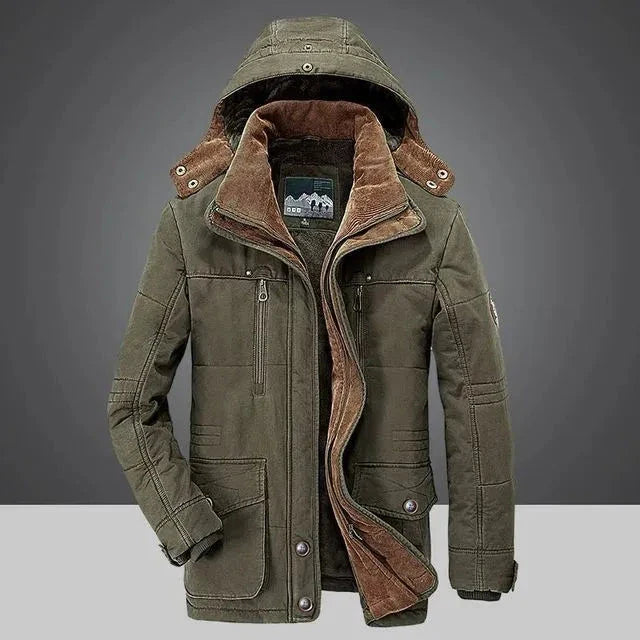 Warren men's hooded padded coat with fleece lining, structured fit, and multiple utility pockets