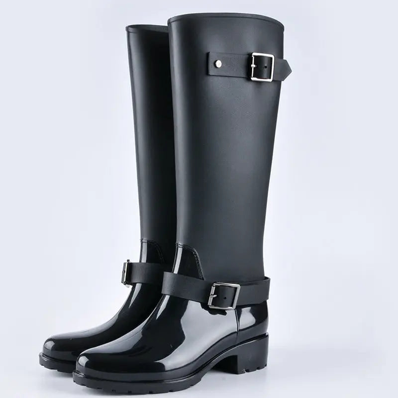 Women's waterproof high boots elegant design with decorative buckles, stylish all-weather footwear
