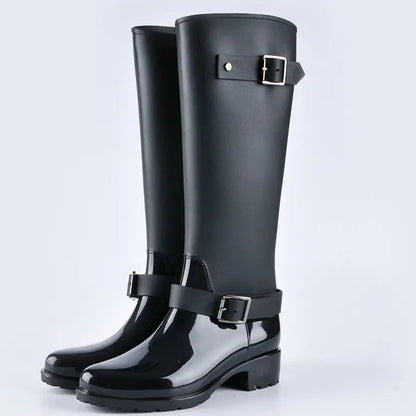Women's waterproof high boots elegant design with decorative buckles, stylish all-weather footwear