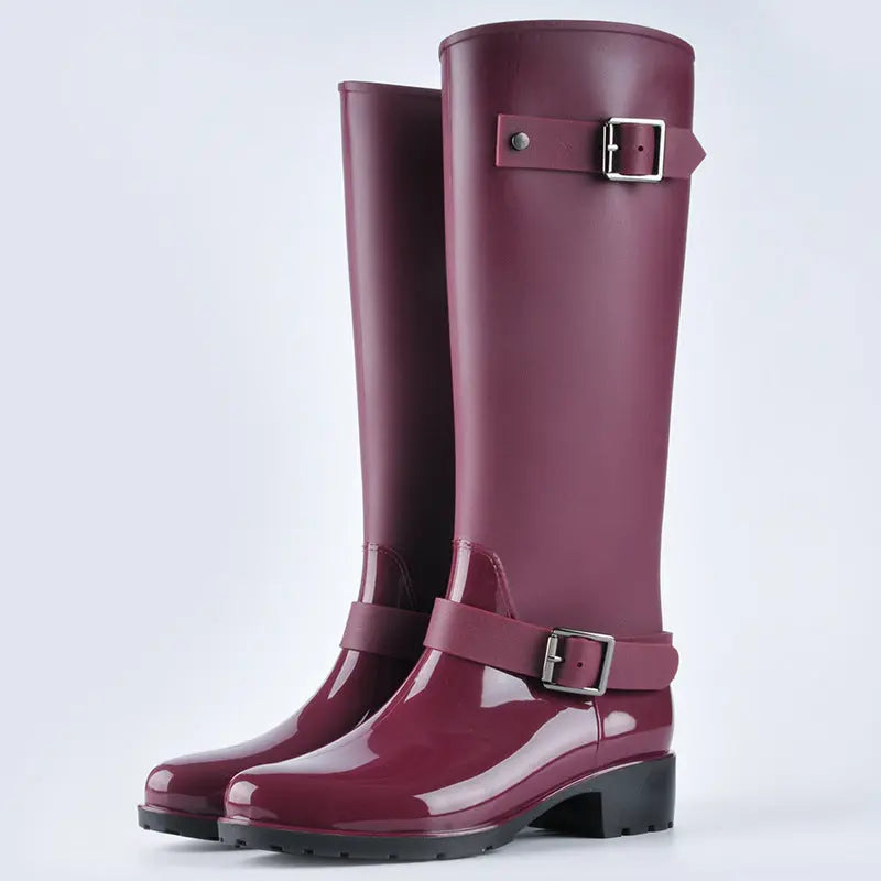 Women's waterproof high boots with elegant decorative buckles, stylish design for rainy days