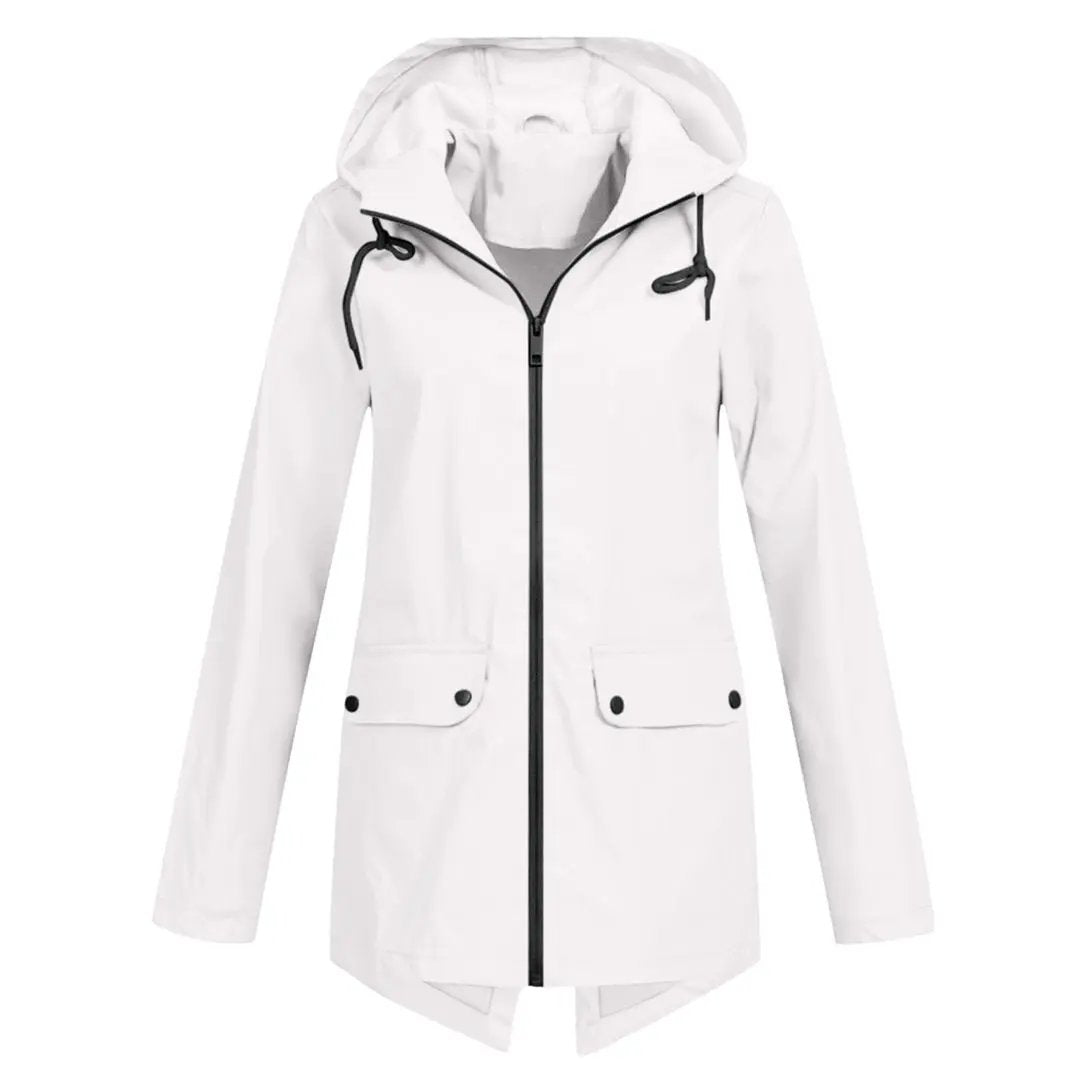 Women's waterproof hooded long jacket, chic silhouette, full rain protection outerwear
