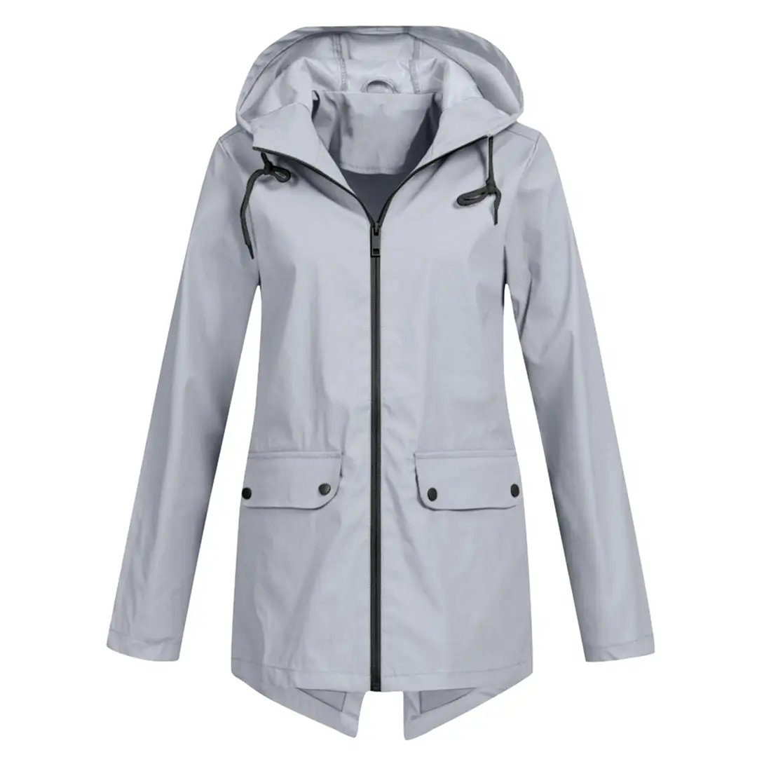 Women's waterproof long hooded jacket, chic silhouette, full all-weather rain protection outerwear