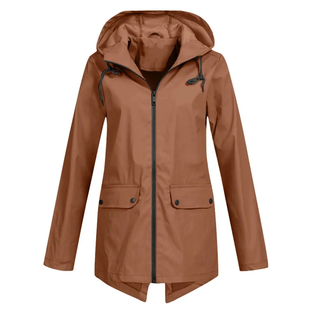 Women's waterproof hooded long jacket chic silhouette full rain protection all-weather outerwear