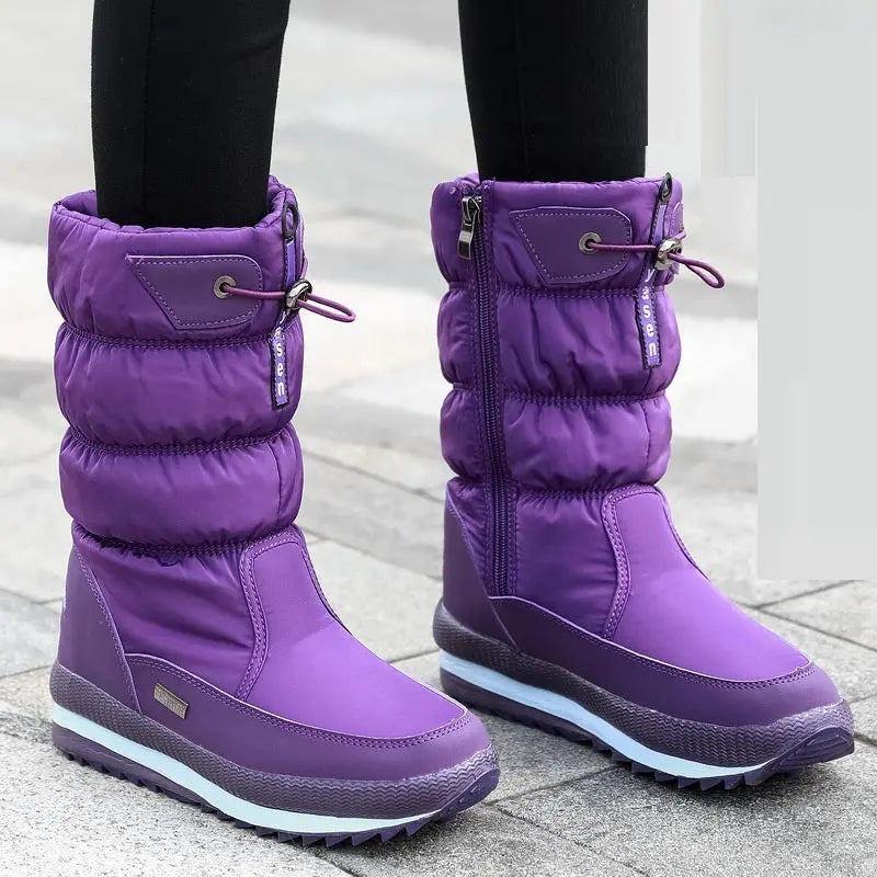 Women's waterproof mid-calf winter boots with thick velvet lining, cozy stylish cold weather footwear
