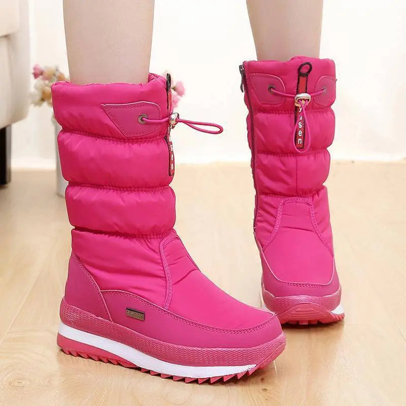 Women's black waterproof mid-calf boots with thick velvet lining for cozy winter warmth