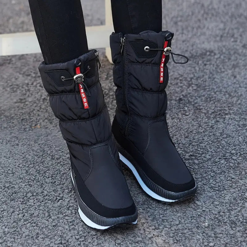 Women's waterproof mid-calf winter boots with thick velvet lining, cozy cotton blend, cold-weather style