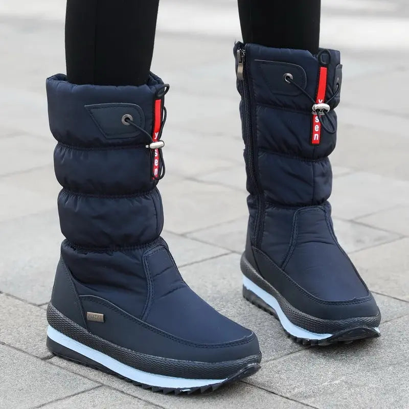 Women's waterproof mid-calf winter boots with thick velvet lining, cozy cotton blend, cold-weather style
