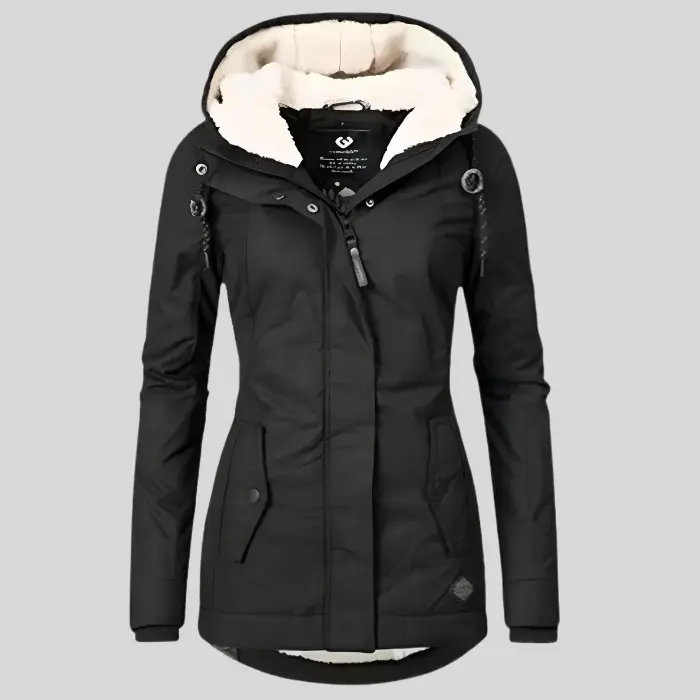 Women's lightweight waterproof rain jacket with windproof shell, drawcord hood, and extended hem coverage