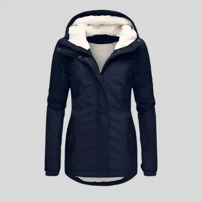 Women's lightweight waterproof rain jacket with windproof shell, drawcord hood, and extended hem coverage