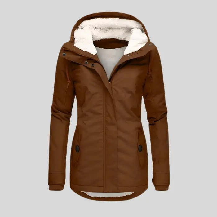 Women's lightweight waterproof rain jacket with windproof shell, extended hem, and adjustable drawcord hood