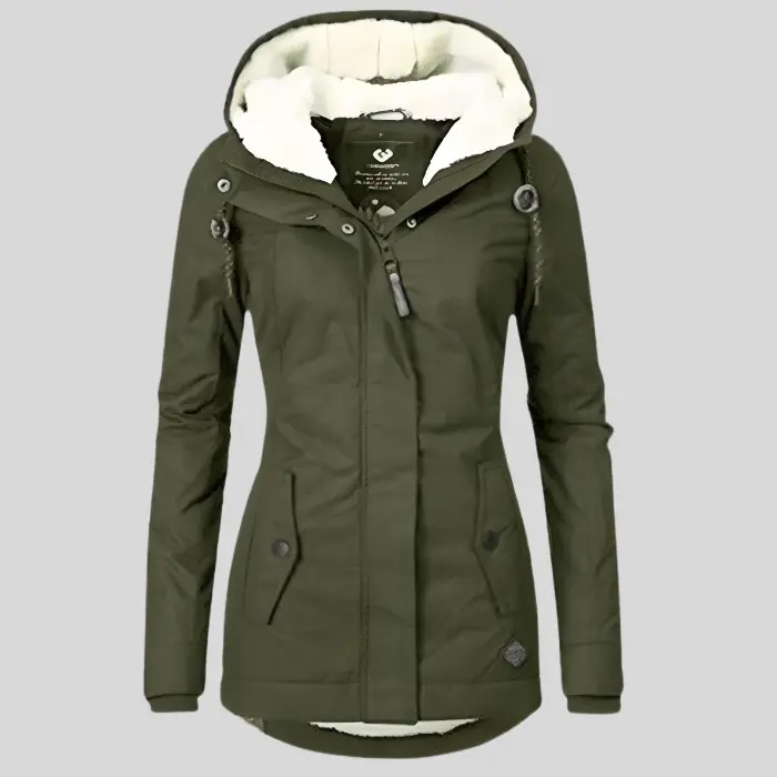 Women's lightweight waterproof rain jacket with windproof shell, drawcord hood, and extended hem coverage