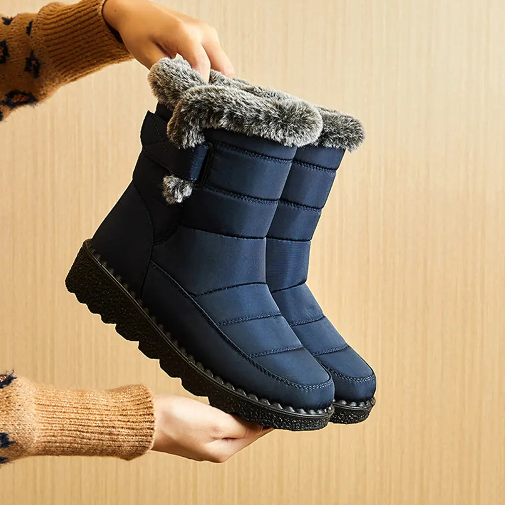 Women's waterproof snow boots in neutral tones, warm winter footwear with non-slip rugged rubber outsole