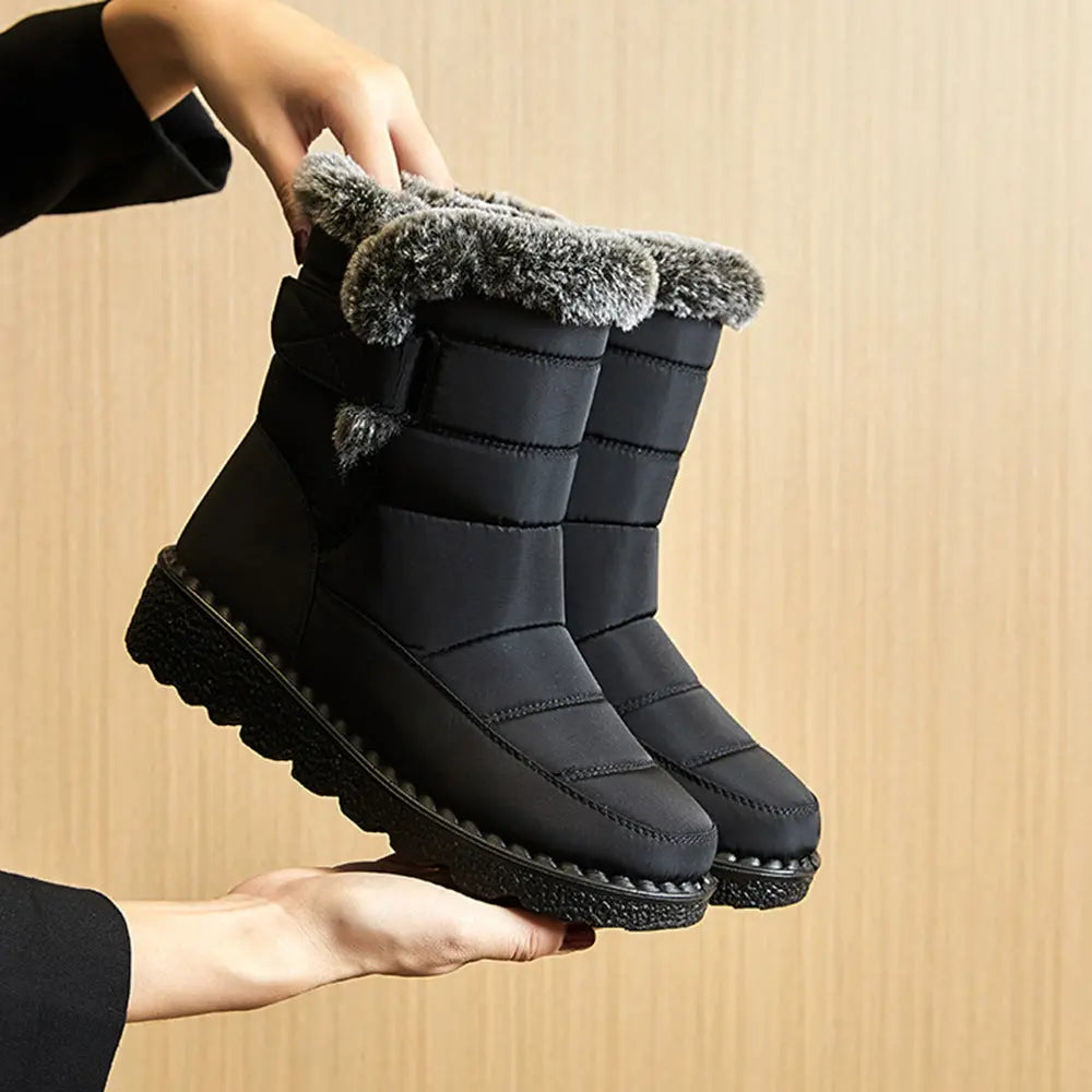 Women's waterproof snow boots in neutral tone, warm winter style with rugged non-slip rubber outsole