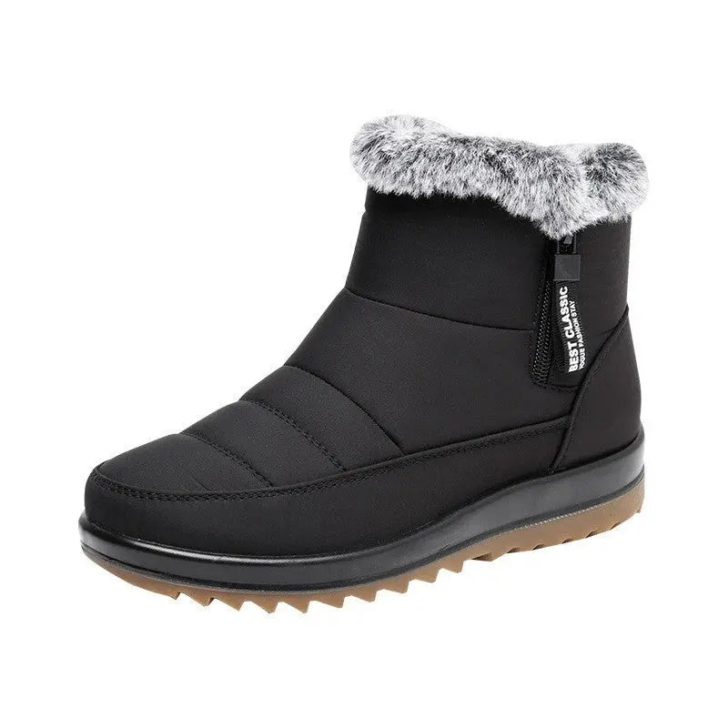 Women's black waterproof mid-calf winter boots with seam-sealed upper for snow and rain