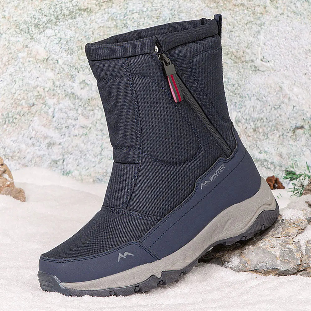 Women's waterproof winter snow boots in neutral tone, warm insulated lining, non-slip rubber sole
