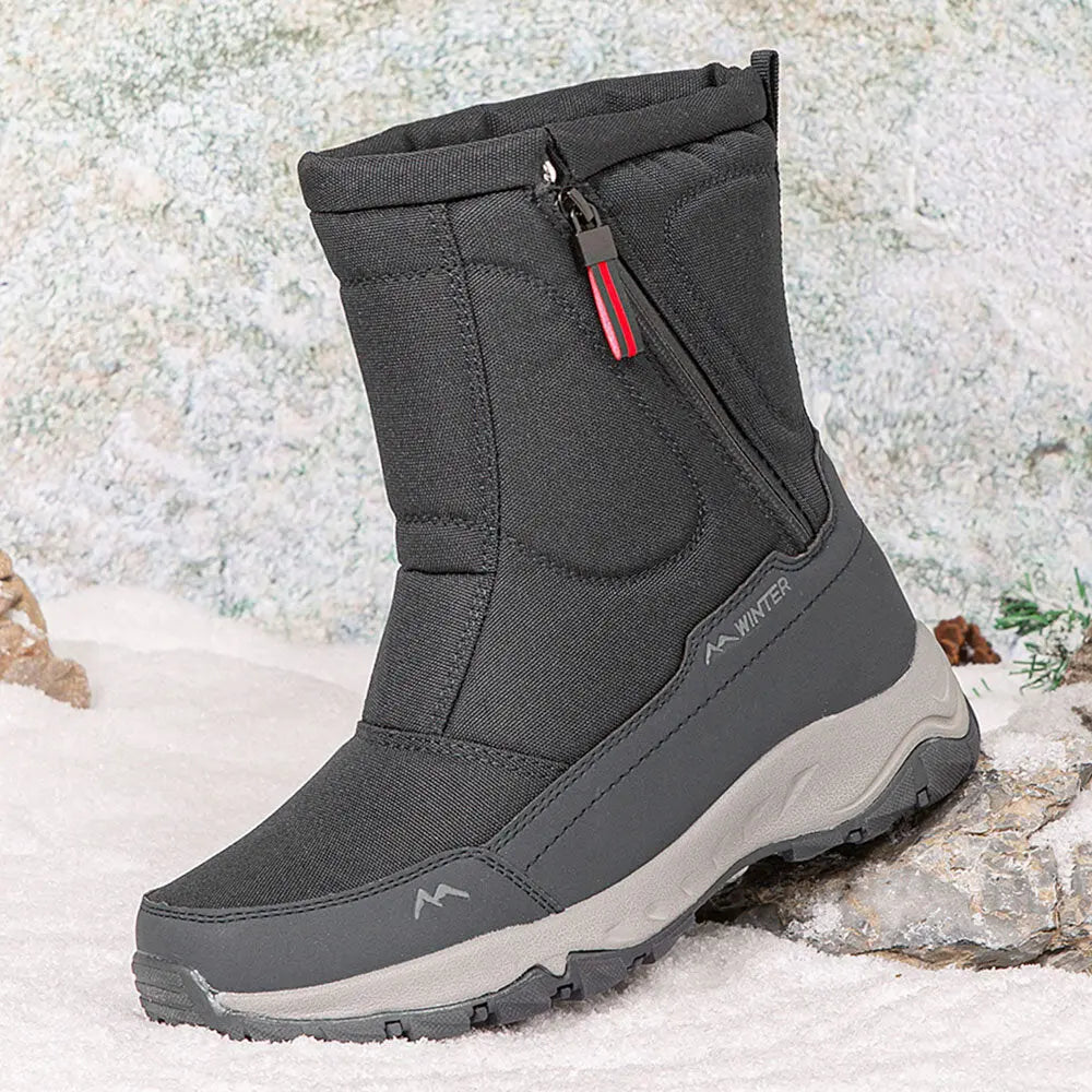 Women's waterproof winter snow boots in neutral tones, warm insulated lining with non-slip rubber sole