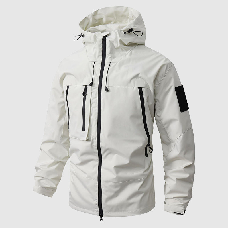 Men's olive green waterproof hiking jacket with detachable hood, lightweight quick-dry all-season shell