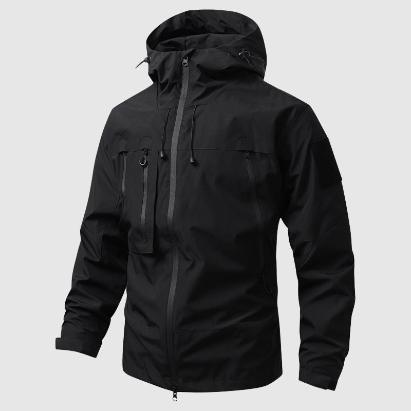 Men's waterproof hiking jacket lightweight shell with detachable hood, all-season windproof outdoor coat