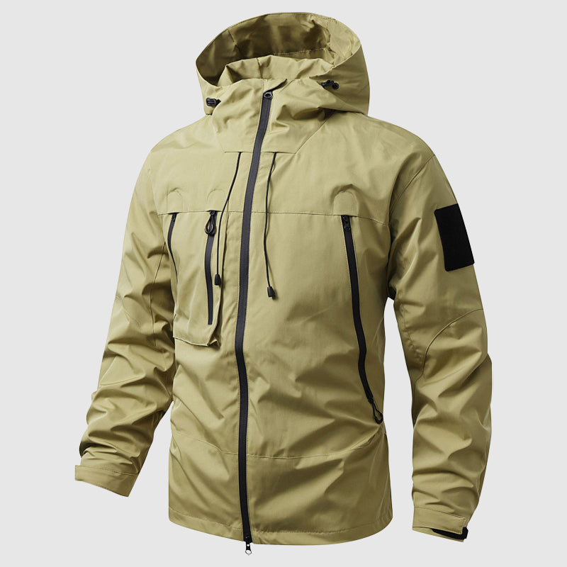 Men's olive green waterproof hiking jacket with detachable hood, lightweight quick-dry all-season shell