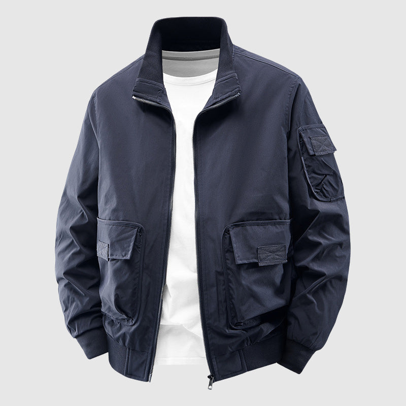 Men's waterproof outdoor jacket stand-up collar rugged polyester shell all-weather wear-resistant