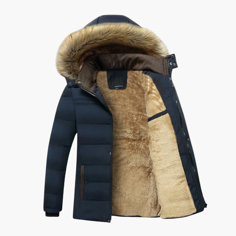 Men's black hooded parka with fur-lined interior, heavy-duty insulated winter jacket for extreme cold