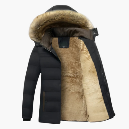 Men's heavy-duty hooded parka with fur-lined interior, insulated winter jacket in rugged style