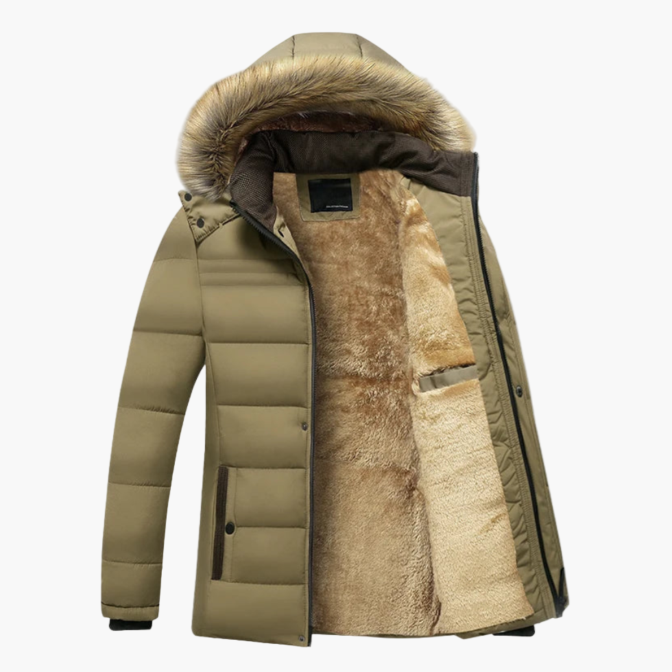 Men's black hooded parka heavy-duty winter jacket with warm fur-lined insulated interior
