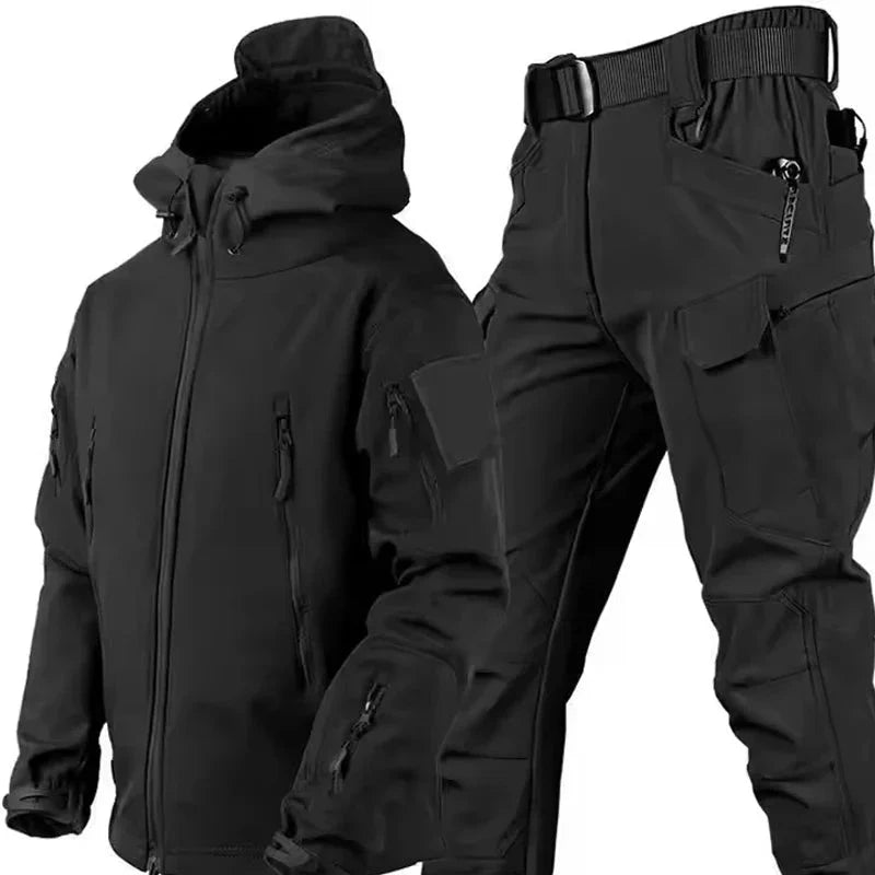 Men's waterproof tactical jacket and cargo pants set, soft-shell fleece-lined multi-pocket outdoor suit