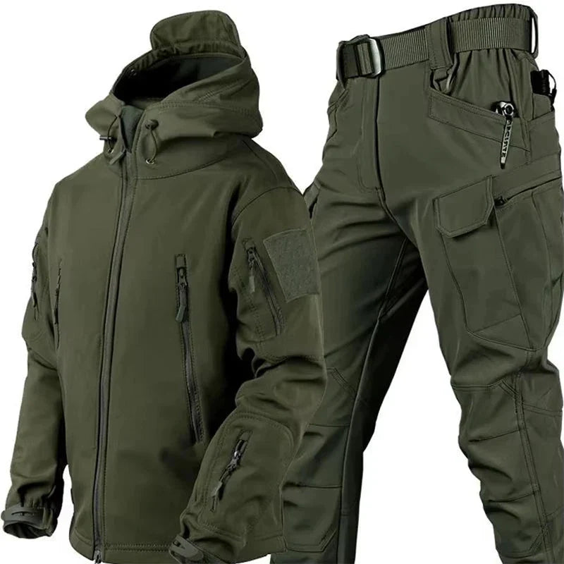 Men's waterproof tactical jacket and cargo pants set, soft-shell fleece-lined multi-pocket outdoor suit