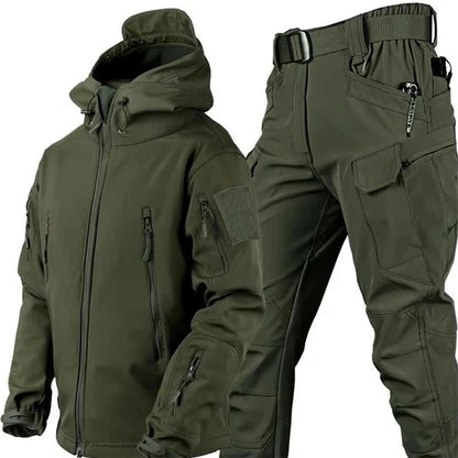 Men's waterproof tactical jacket and cargo pants set, soft-shell fleece-lined multi-pocket outdoor suit