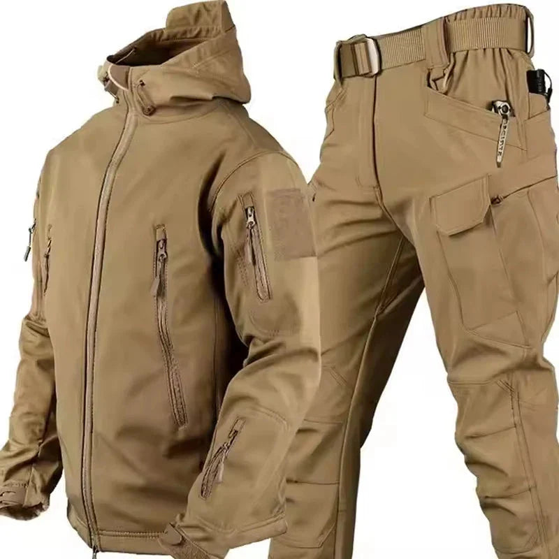 Men's waterproof tactical jacket and cargo pants set, soft-shell fleece-lined multi-pocket outdoor suit