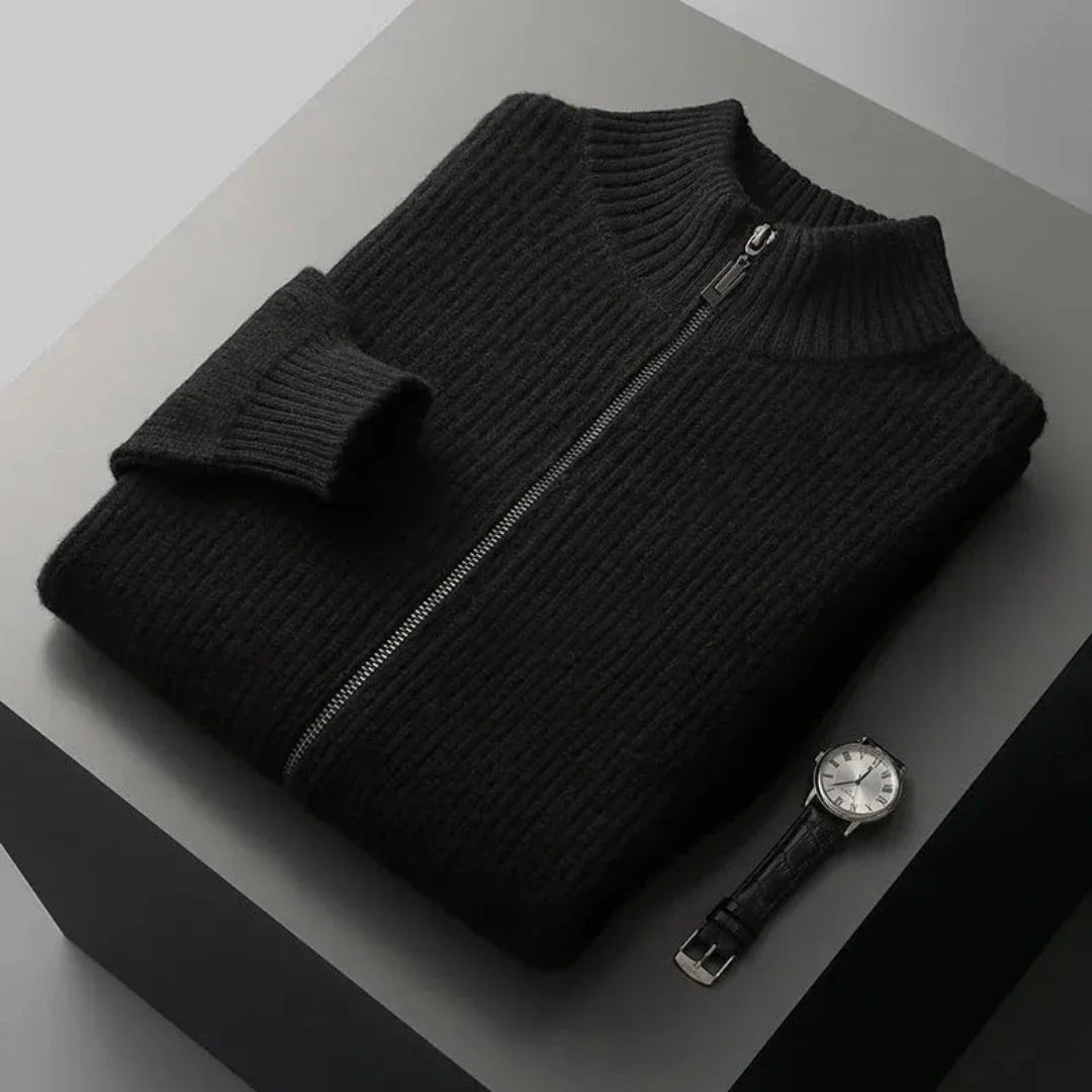 Watson gray full-zip wool sweater with ribbed knit texture and mock collar for men