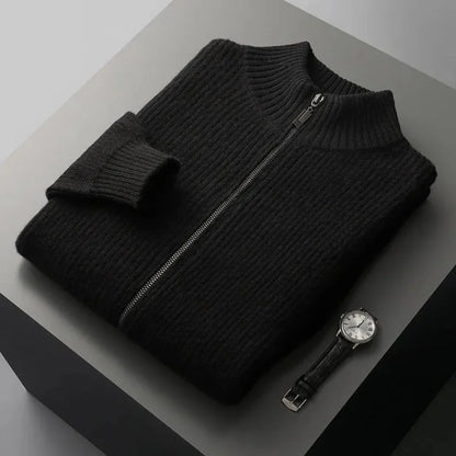 Watson gray full-zip wool sweater with ribbed knit texture and mock collar for men