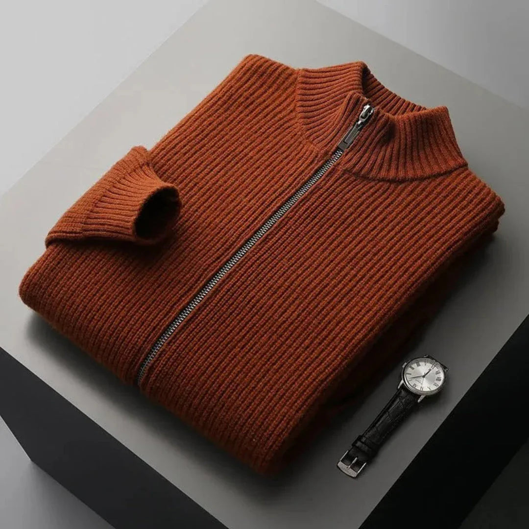 Watson gray full-zip wool sweater with ribbed knit texture and mock collar for men