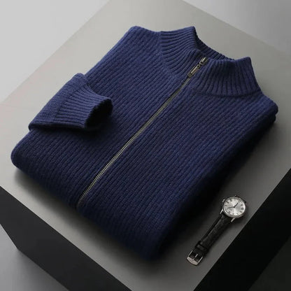 Watson gray wool full-zip sweater with ribbed knit texture and mock collar for cold weather layering