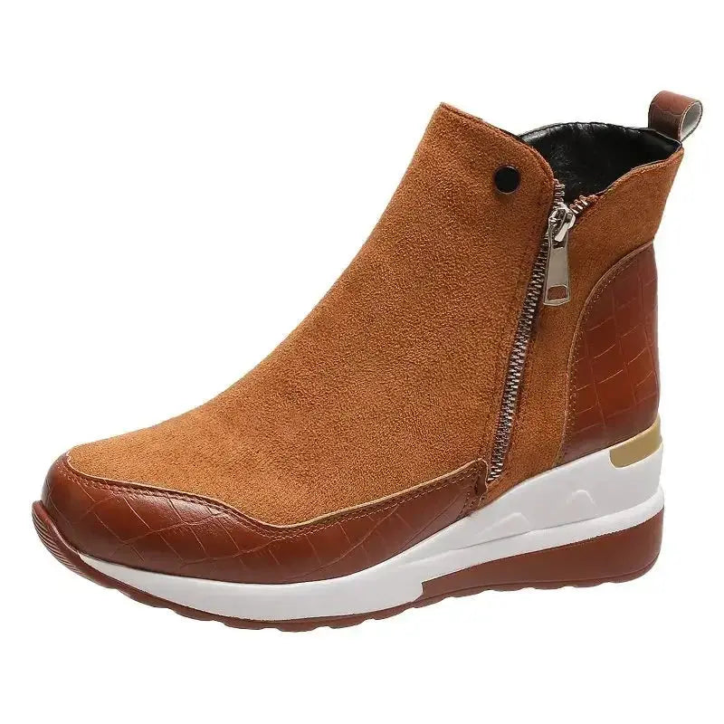 Women's wedge ankle boots in suede and croc-textured faux leather, chic platform style for all-day wear
