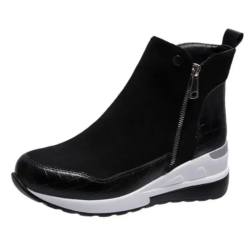 Women's wedge ankle boots in suede and croc-textured faux leather, chic platform style for all-day wear
