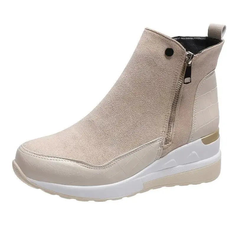 Women's wedge ankle boots in suede and croc-textured faux leather with platform sole