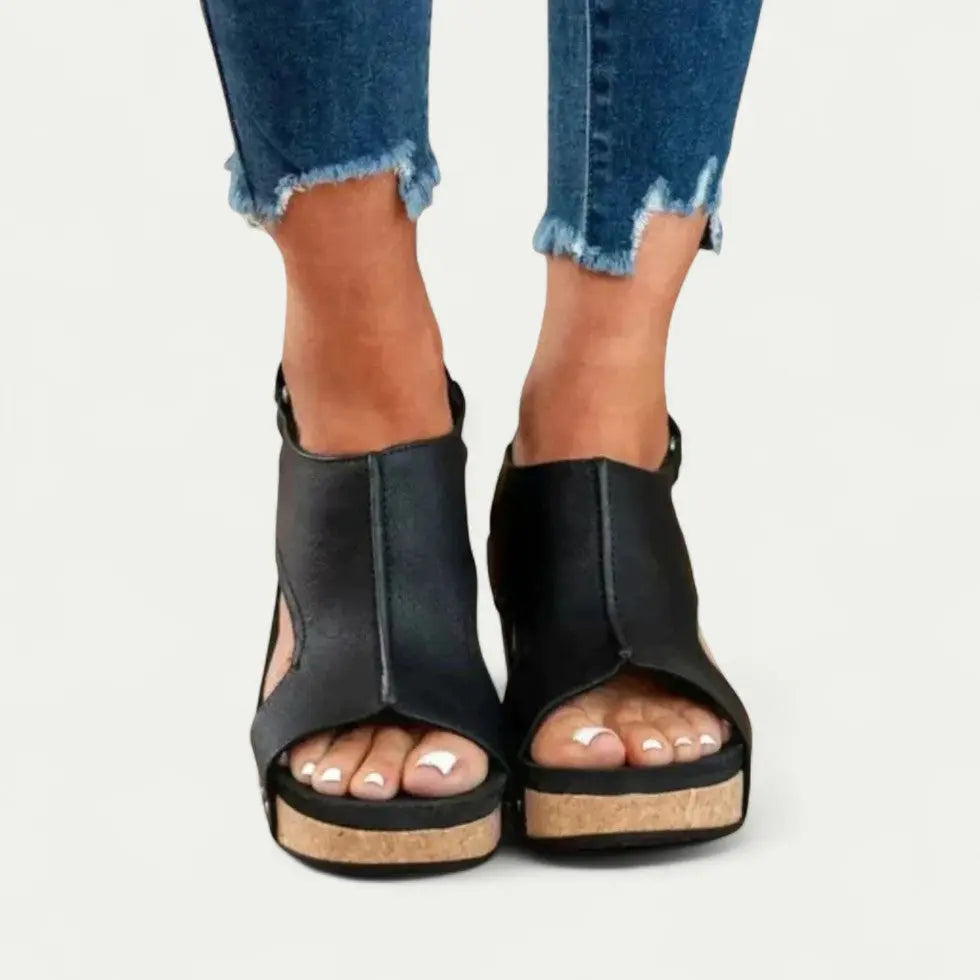 Women's beige wedge sandals with cushioned insole, lightweight sole, and stylish vacation-ready strap design