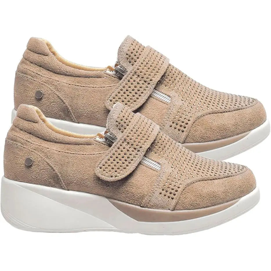 Women's beige suede wedge sneakers with elevated sole, stylish casual footwear for everyday wear