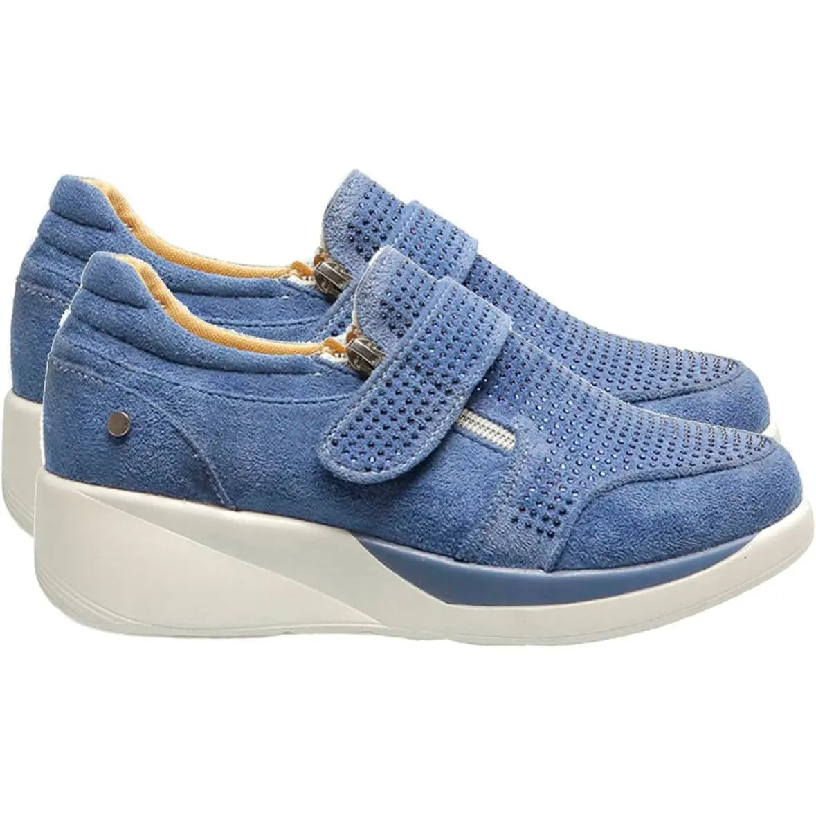 Women's beige suede wedge sneakers with elevated sole and sporty-chic casual silhouette